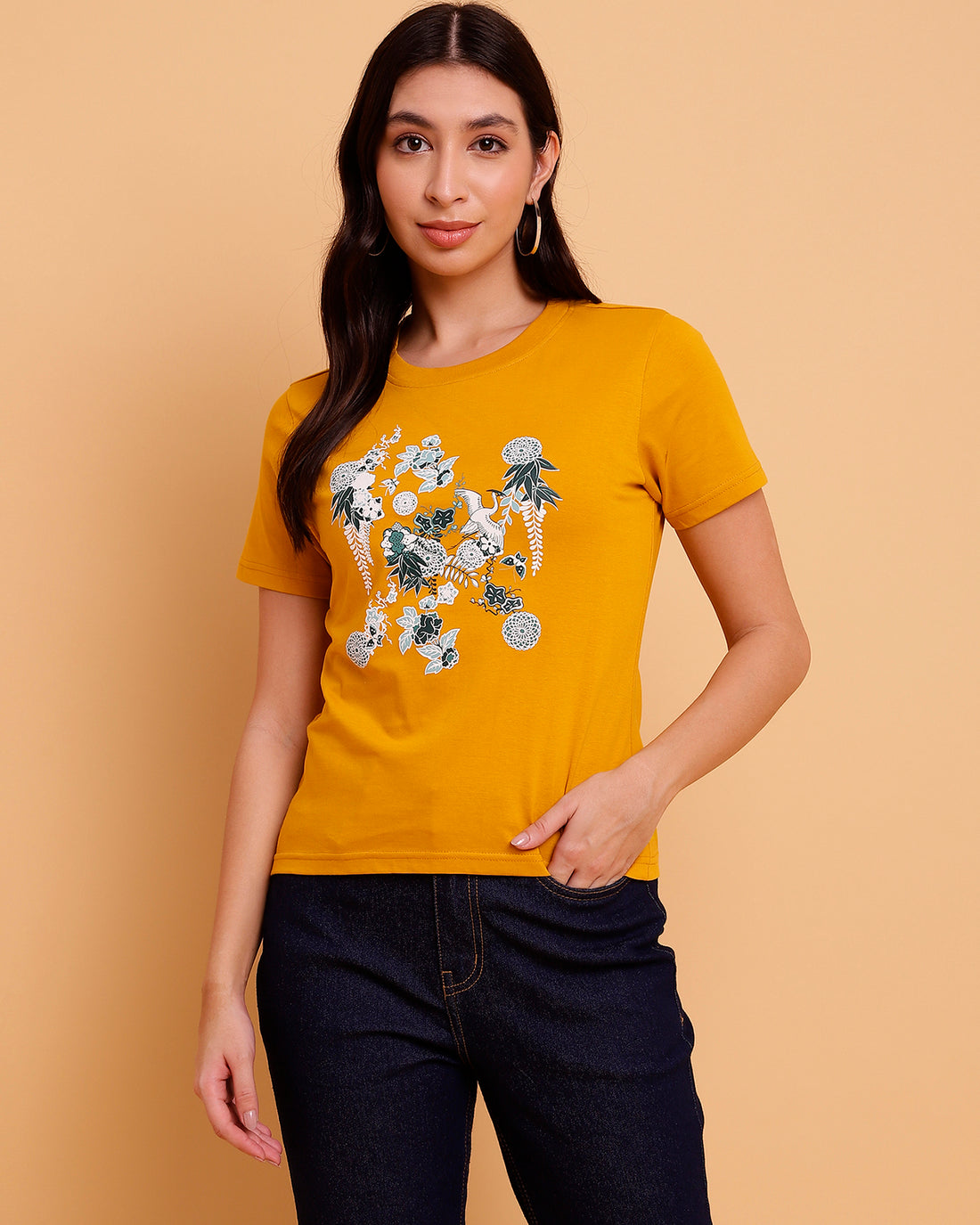 Mustard-colored regular top with floral print - 2858