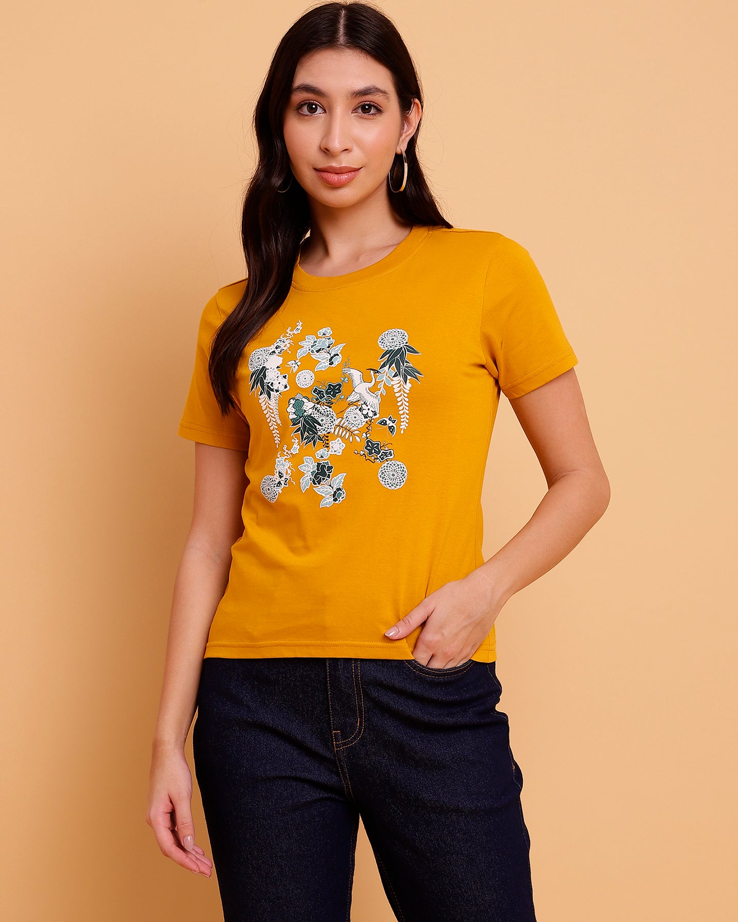 Mustard-colored regular top with a lovely floral print - 2858