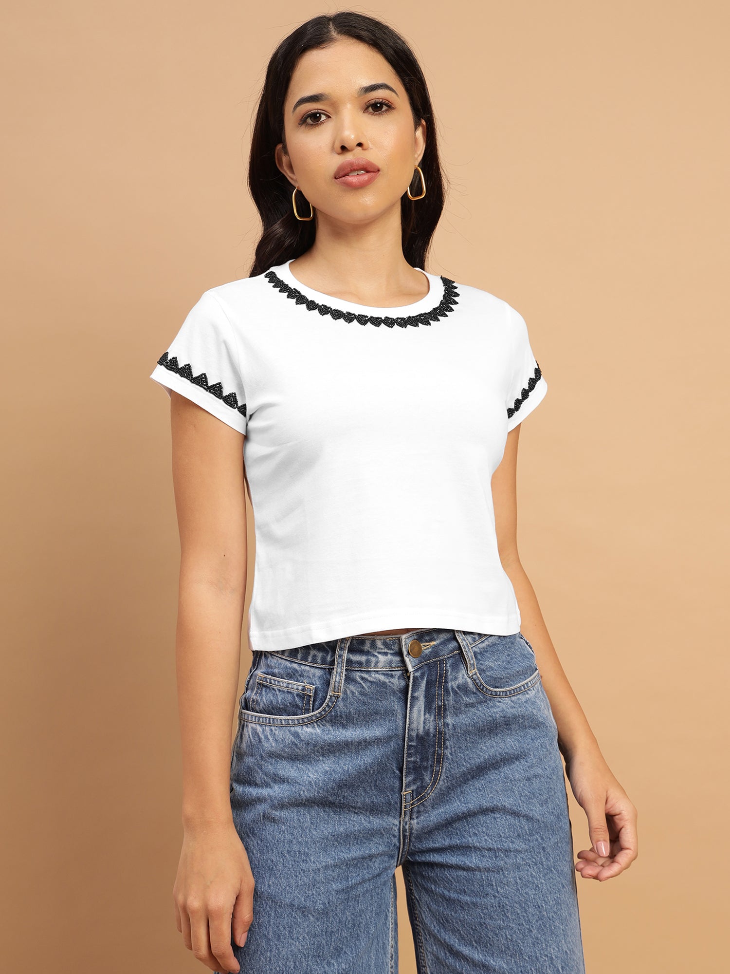 White Crop Top with Monochrome Embellishment - 2846