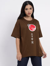 Oversized toffee-colored top featuring a meaningful Ikigai print - 2853