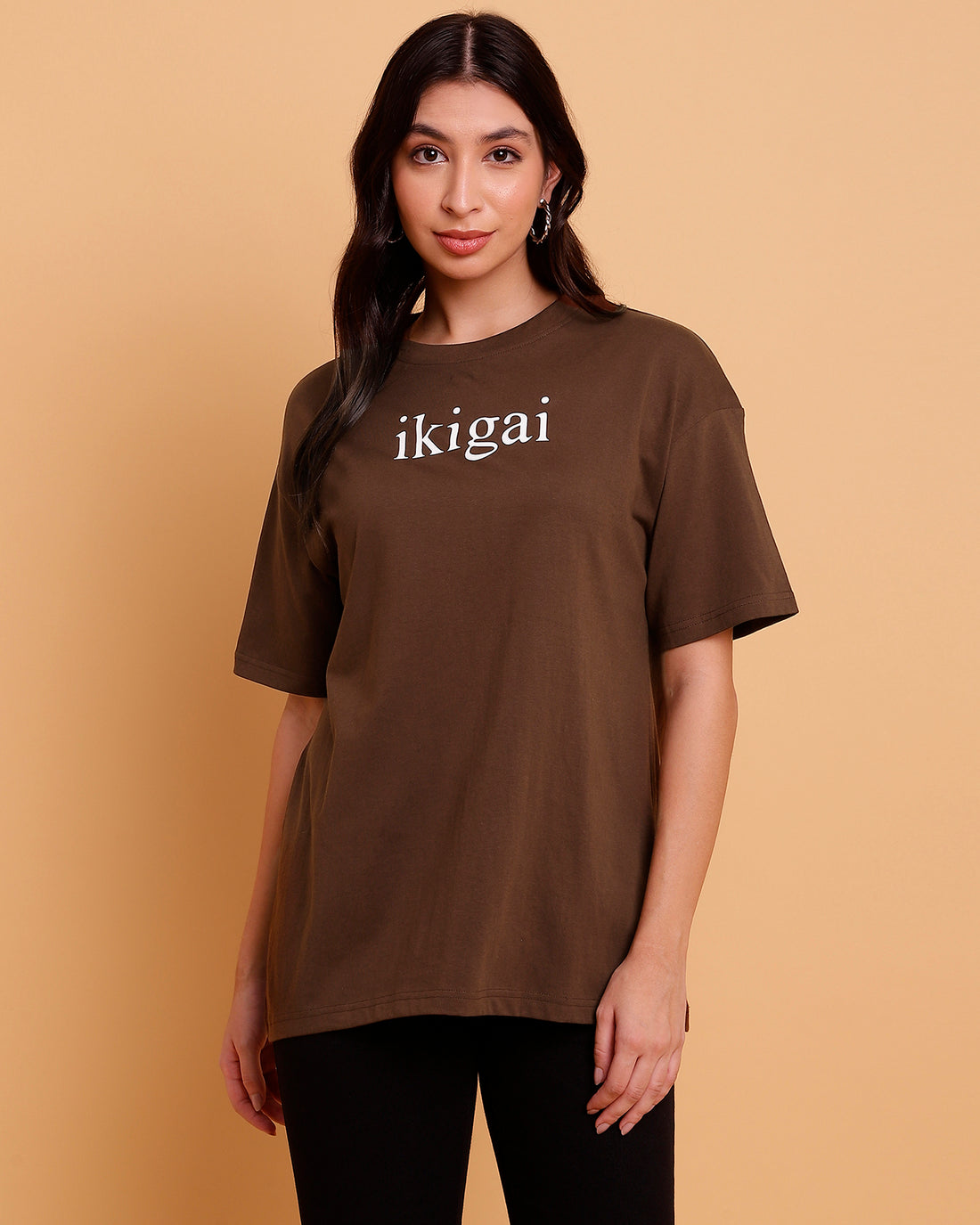 Oversized toffee-colored top featuring a meaningful Ikigai print - 2853