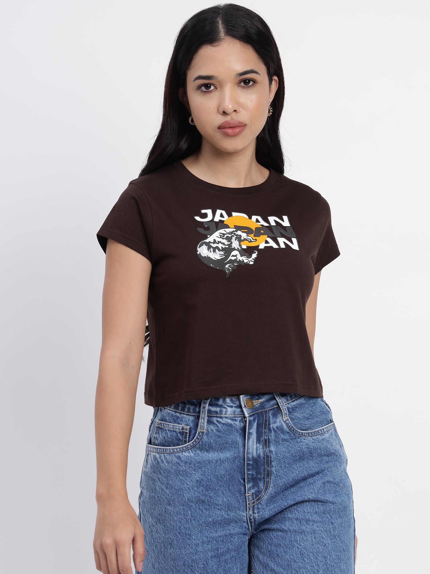 Japan rising sun printed grey crop top Coffe  color - 2845