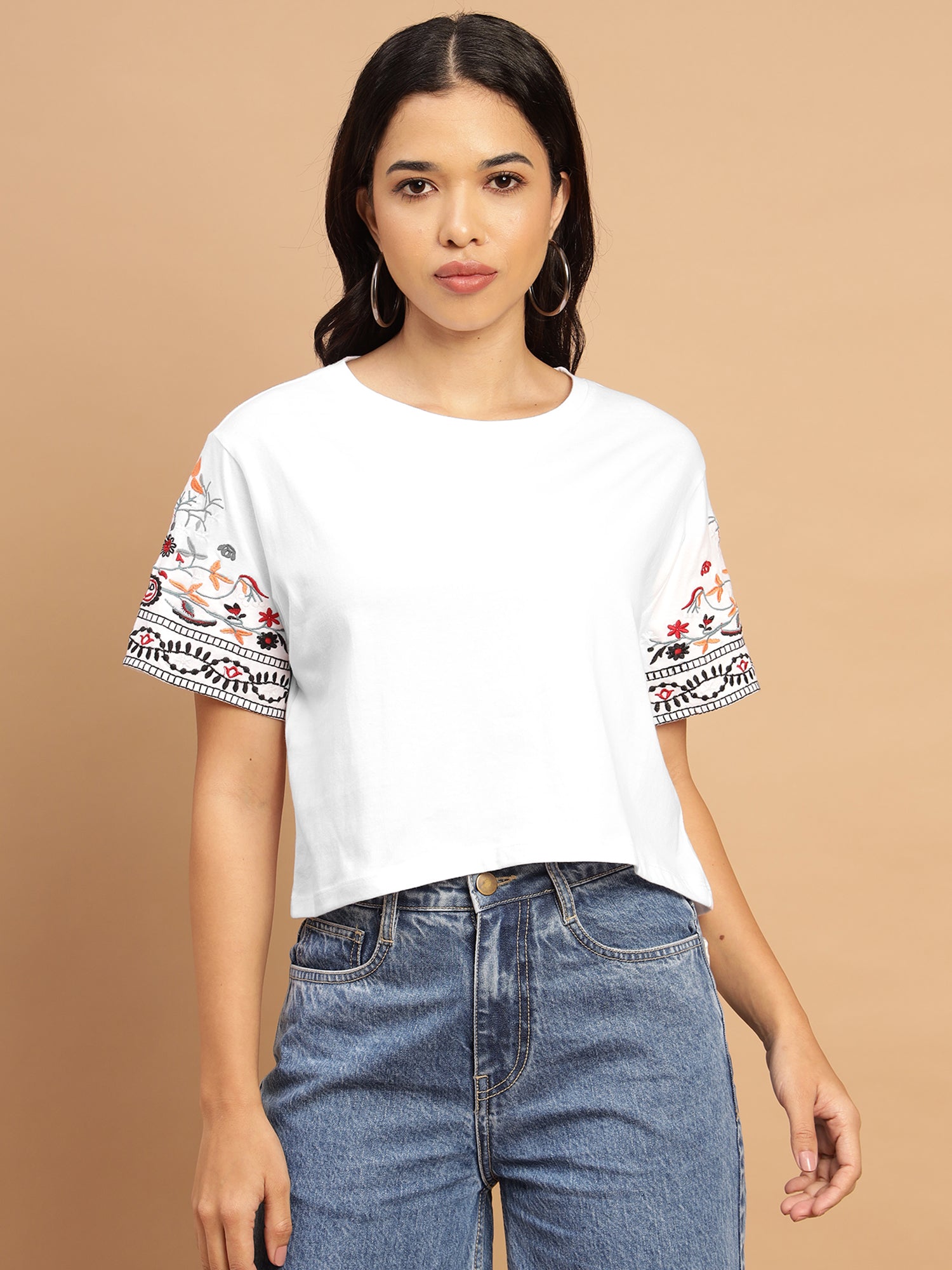 White T-shirt with printed sleeves - 2782