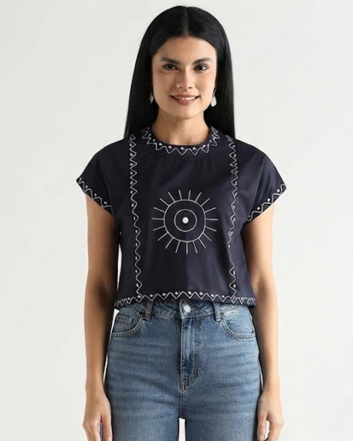 Sands Of India Women’s Blue Cotton Embroidered Top with Relaxed Fit Boxy Crop Top - 3112