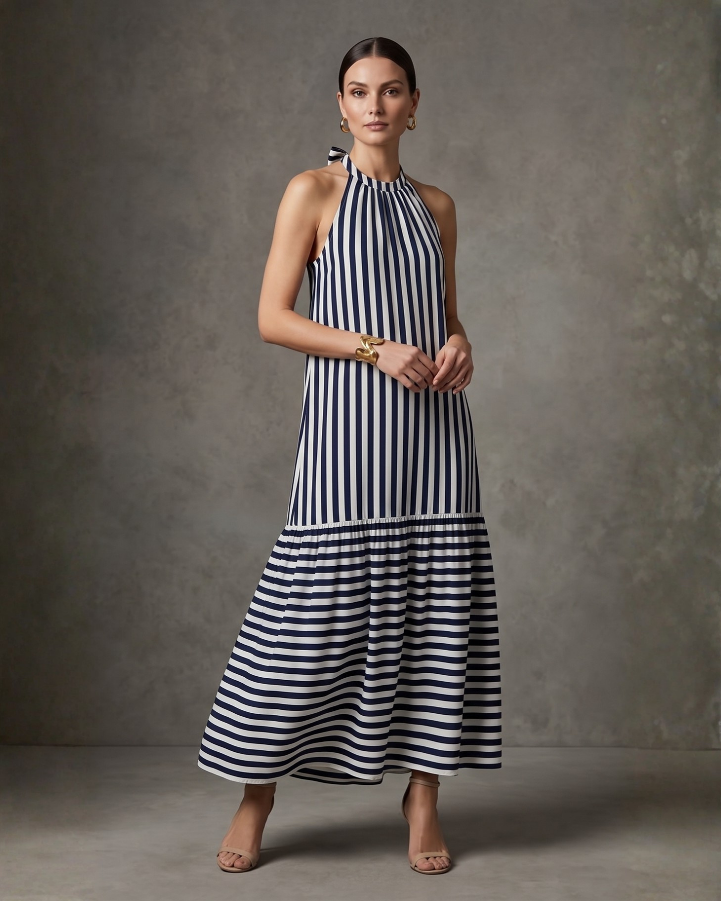 Women’s Blue &amp; Off-White Striped Halter Neck Flounce Hem Dress - 3127