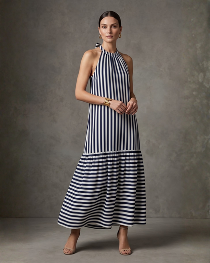 Women’s Blue &amp; Off-White Striped Halter Neck Flounce Hem Dress - 3127