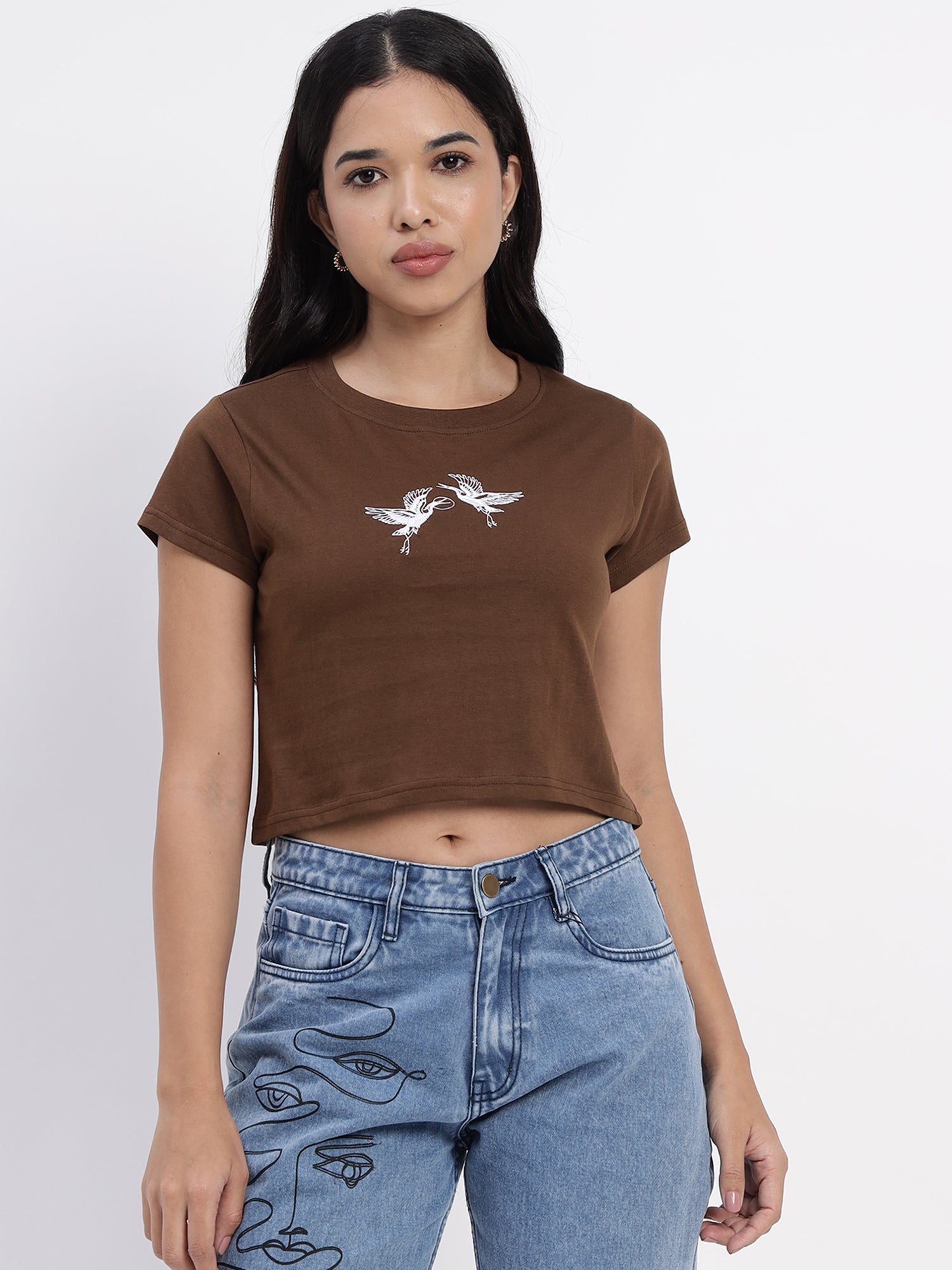 Brown crop top featuring intricate and delicate embroidery accents -2840