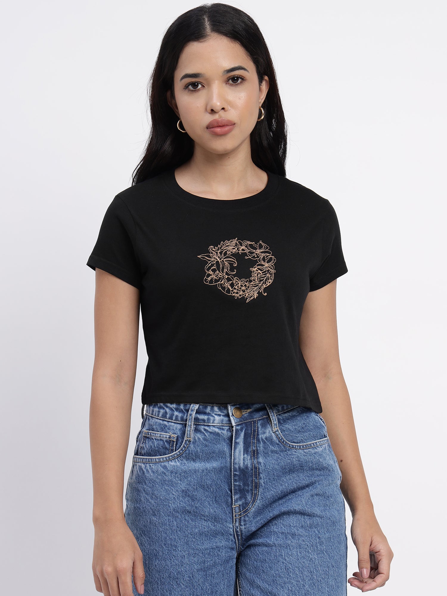 Black Cotton Crop Top with Intricate Embroidery Accents - 2839