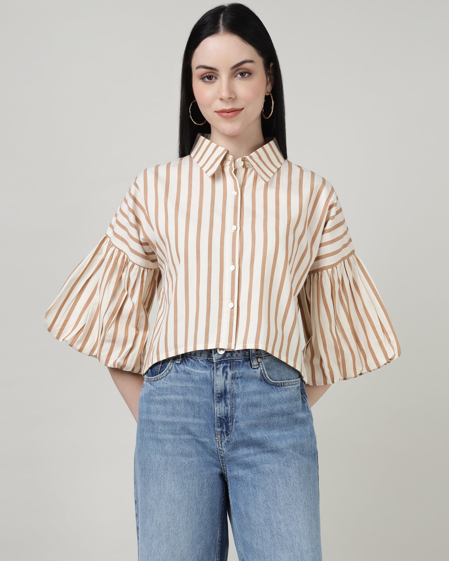 White &amp; Brown Striped Bell-Sleeve Shirt - 2987