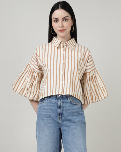 White &amp; Brown Striped Bell-Sleeve Shirt - 2987