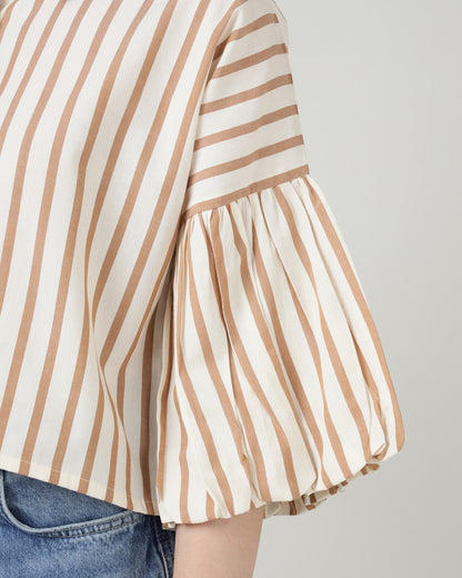 White &amp; Brown Striped Bell-Sleeve Shirt - 2987