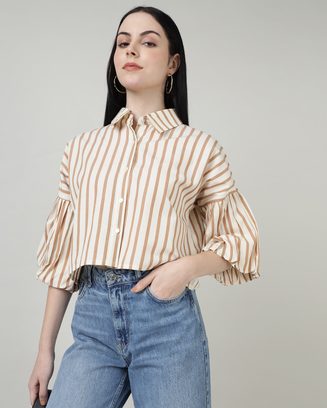 White &amp; Brown Striped Bell-Sleeve Shirt - 2987