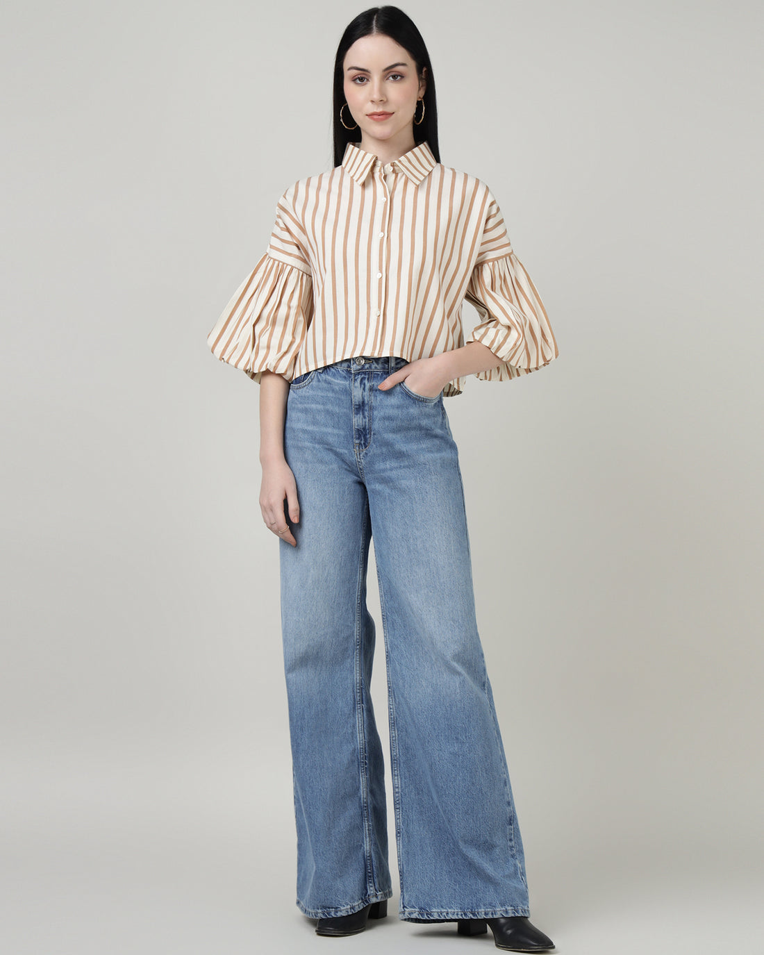 White &amp; Brown Striped Bell-Sleeve Shirt - 2987
