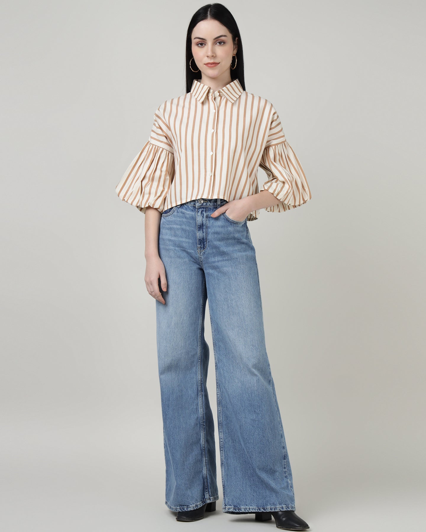 White &amp; Brown Striped Bell-Sleeve Shirt - 2987