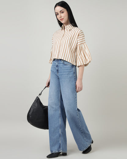 White &amp; Brown Striped Bell-Sleeve Shirt - 2987