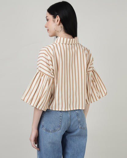 White &amp; Brown Striped Bell-Sleeve Shirt - 2987