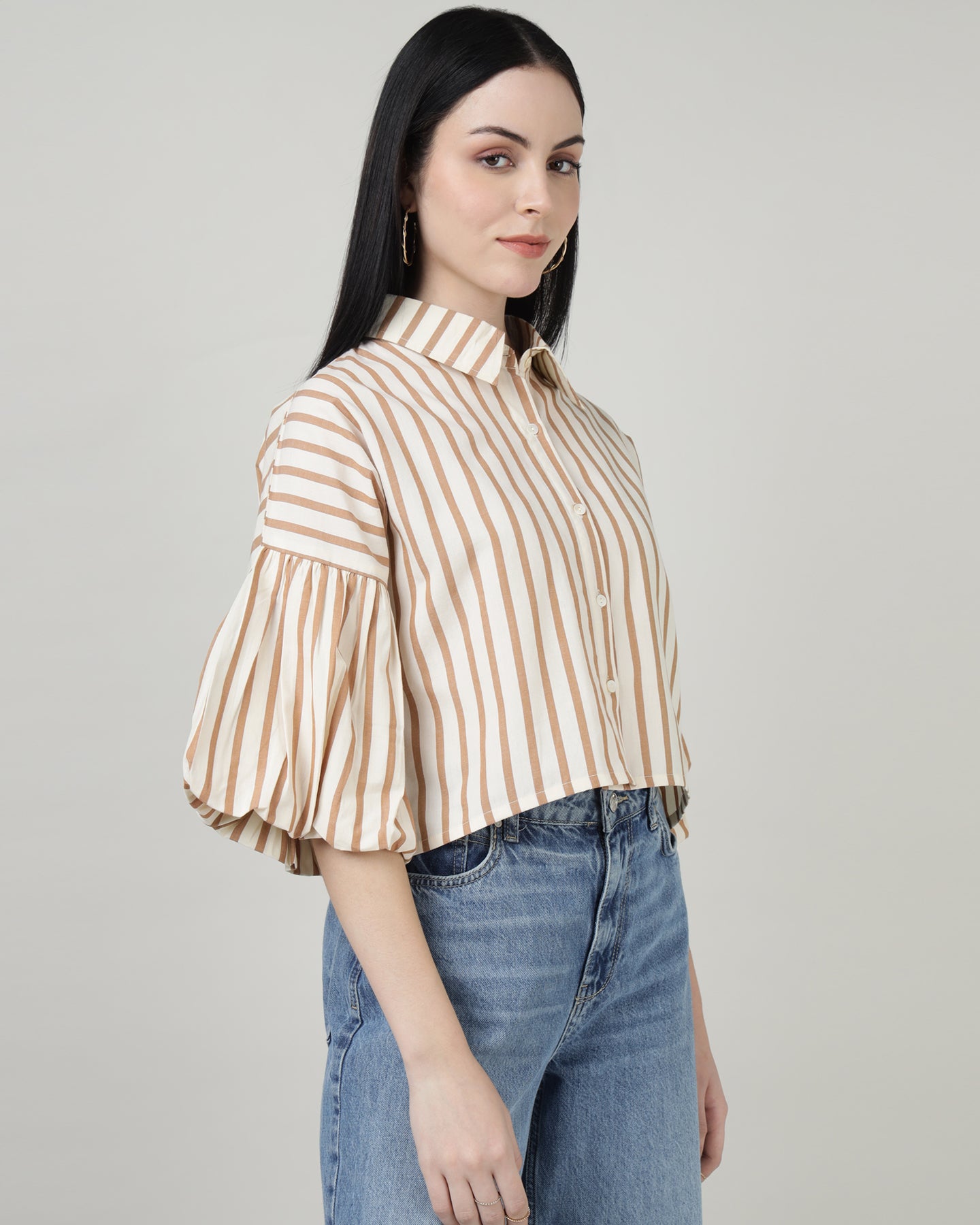 White &amp; Brown Striped Bell-Sleeve Shirt - 2987