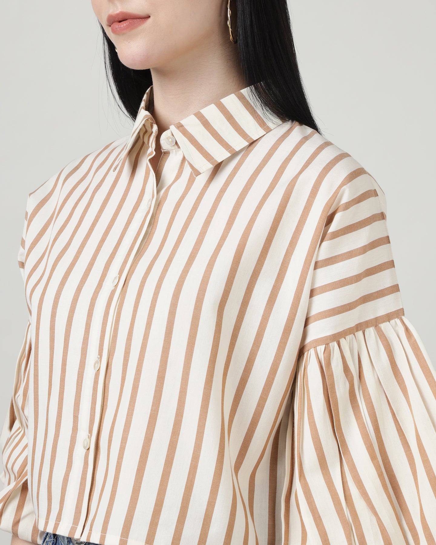 White &amp; Brown Striped Bell-Sleeve Shirt - 2987