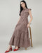 Women’s Maroon Gingham Maxi Dress with 4-Tier Long Double Collar- 2984