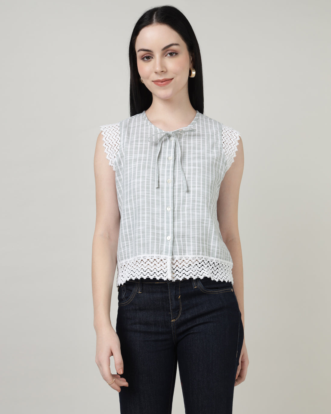 Green Lace with front tie-up shirt top -2965