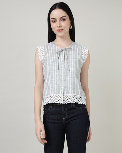 Green Lace with front tie-up shirt top -2965