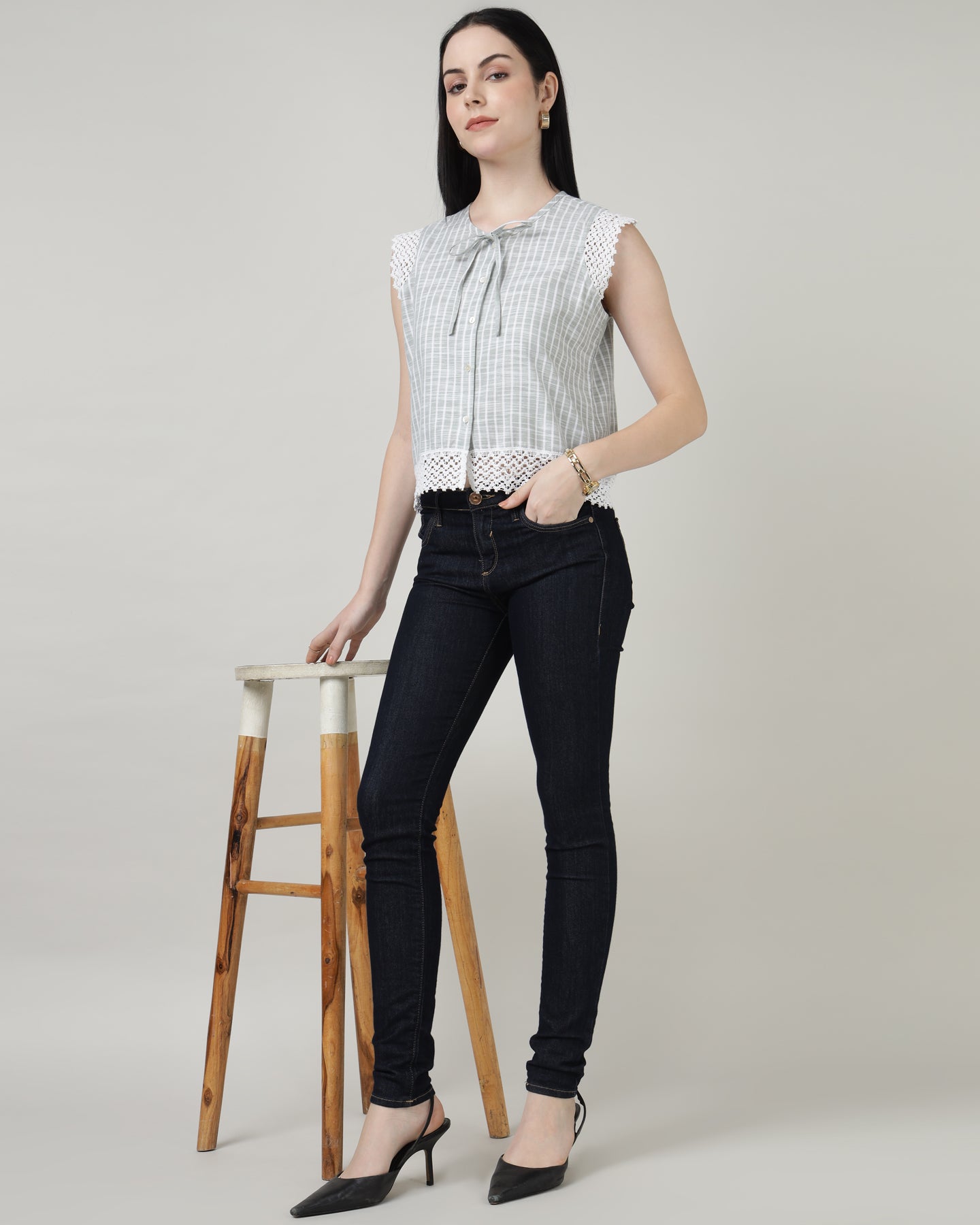 Green Lace with front tie-up shirt top -2965