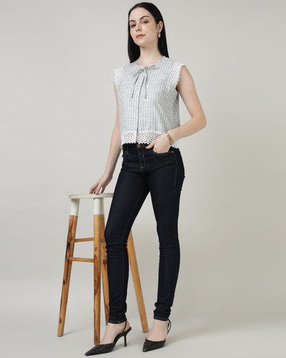 Green Lace with front tie-up shirt top -2965