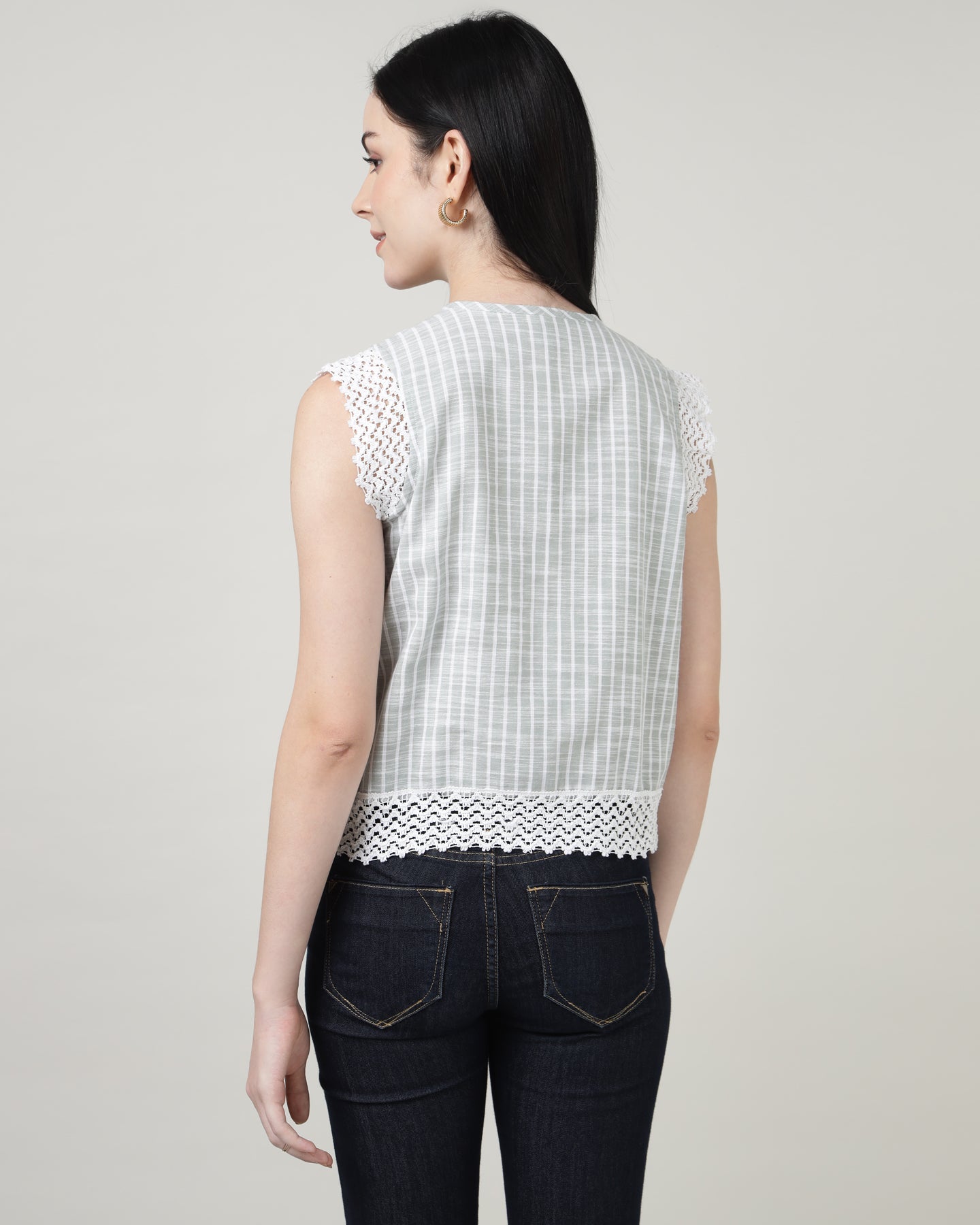 Green Lace with front tie-up shirt top -2965