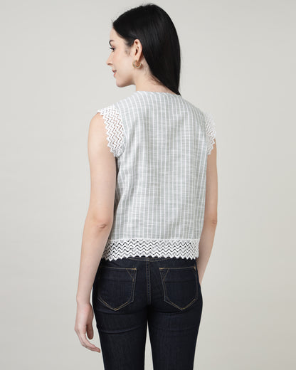 Green Lace with front tie-up shirt top -2965