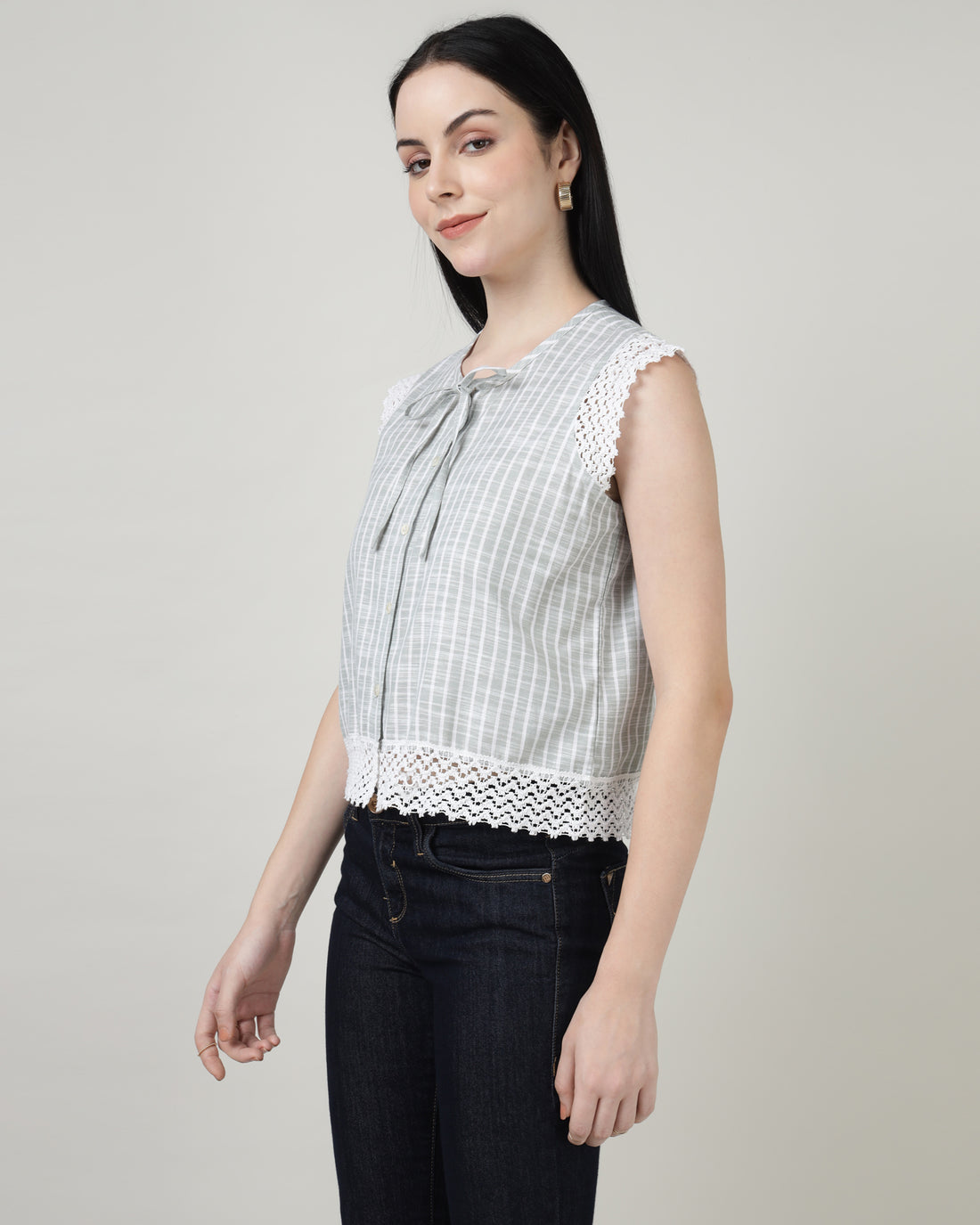 Green Lace with front tie-up shirt top -2965