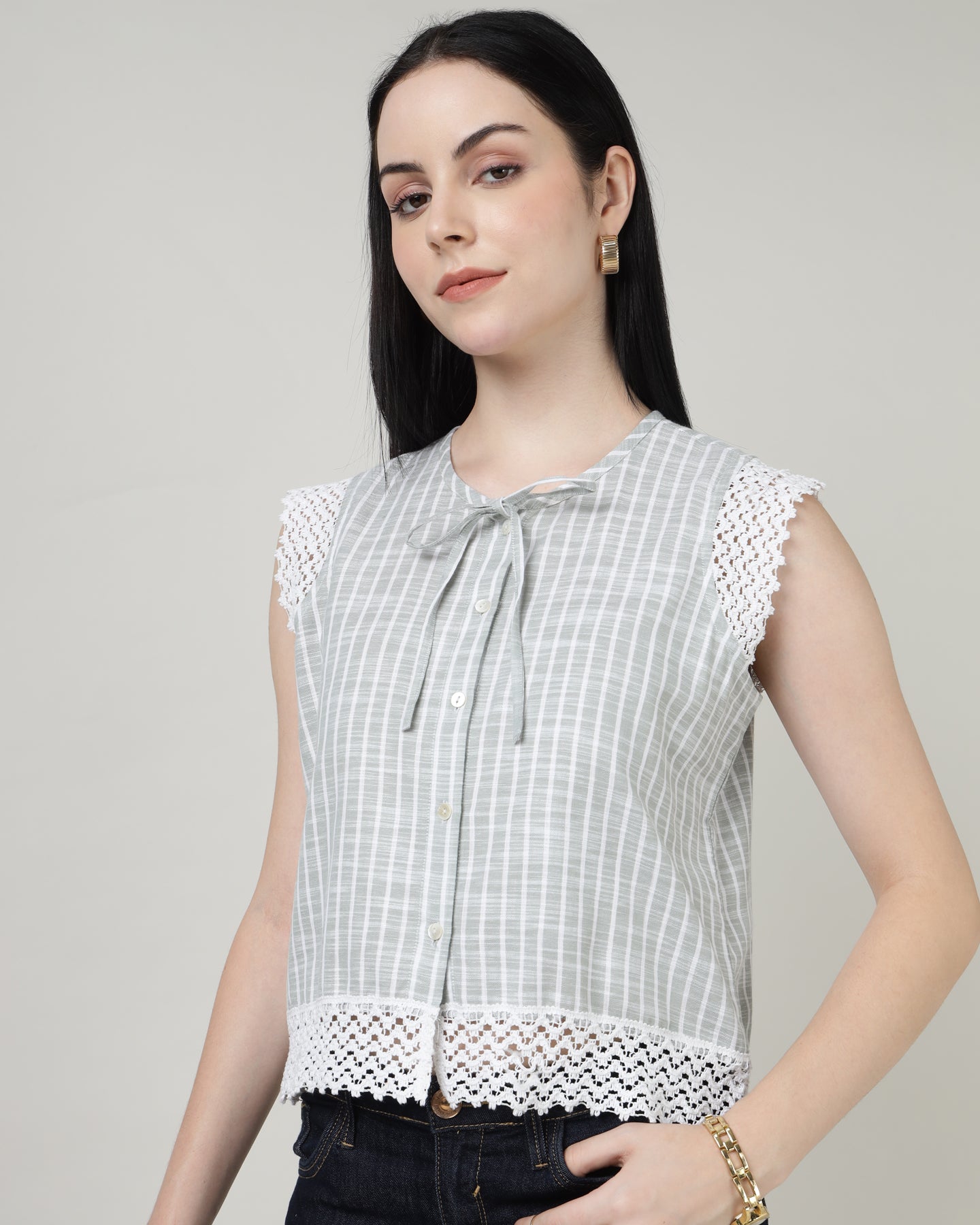 Green Lace with front tie-up shirt top -2965