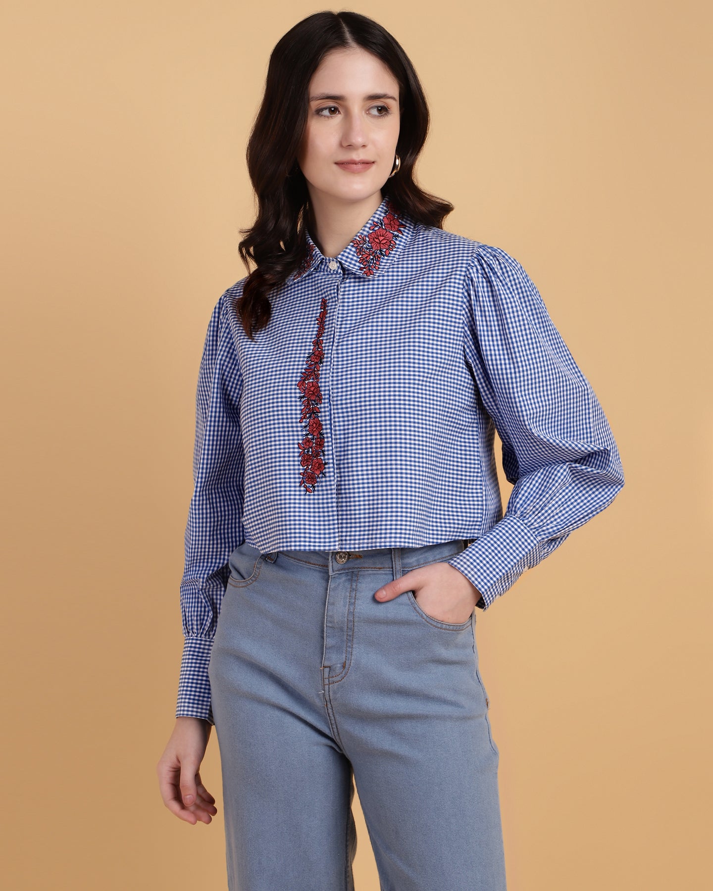 Blue Gingham Crop Shirt With Embroidery-2916