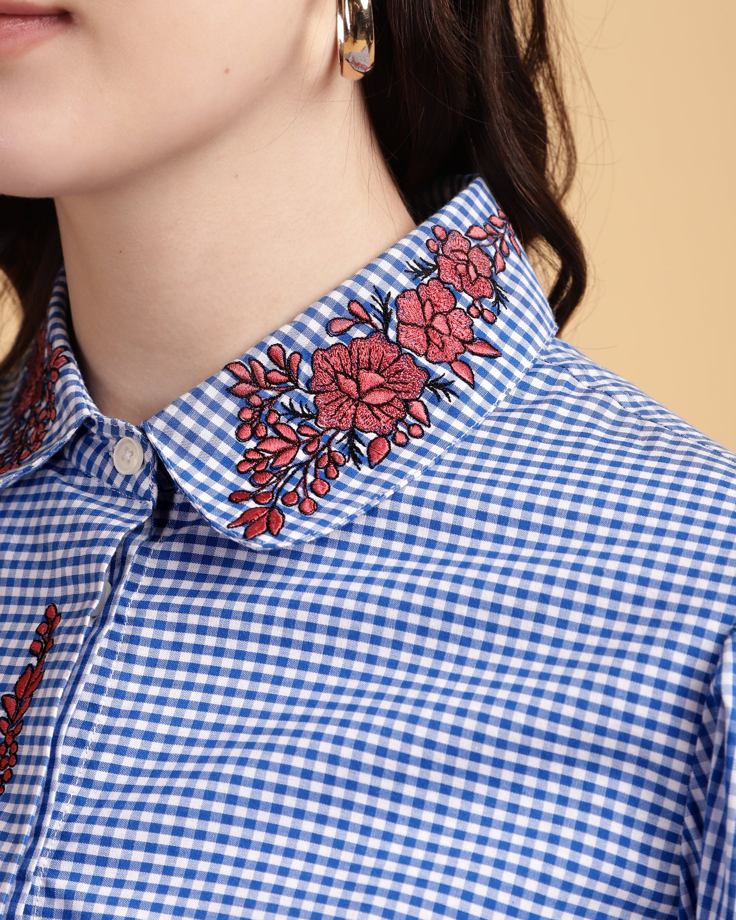 Blue Gingham Crop Shirt With Embroidery-2916