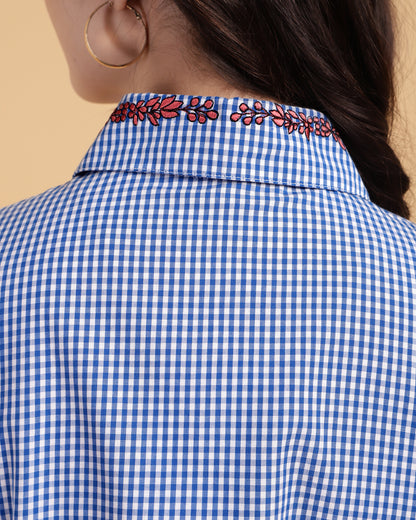 Blue Gingham Crop Shirt With Embroidery-2916