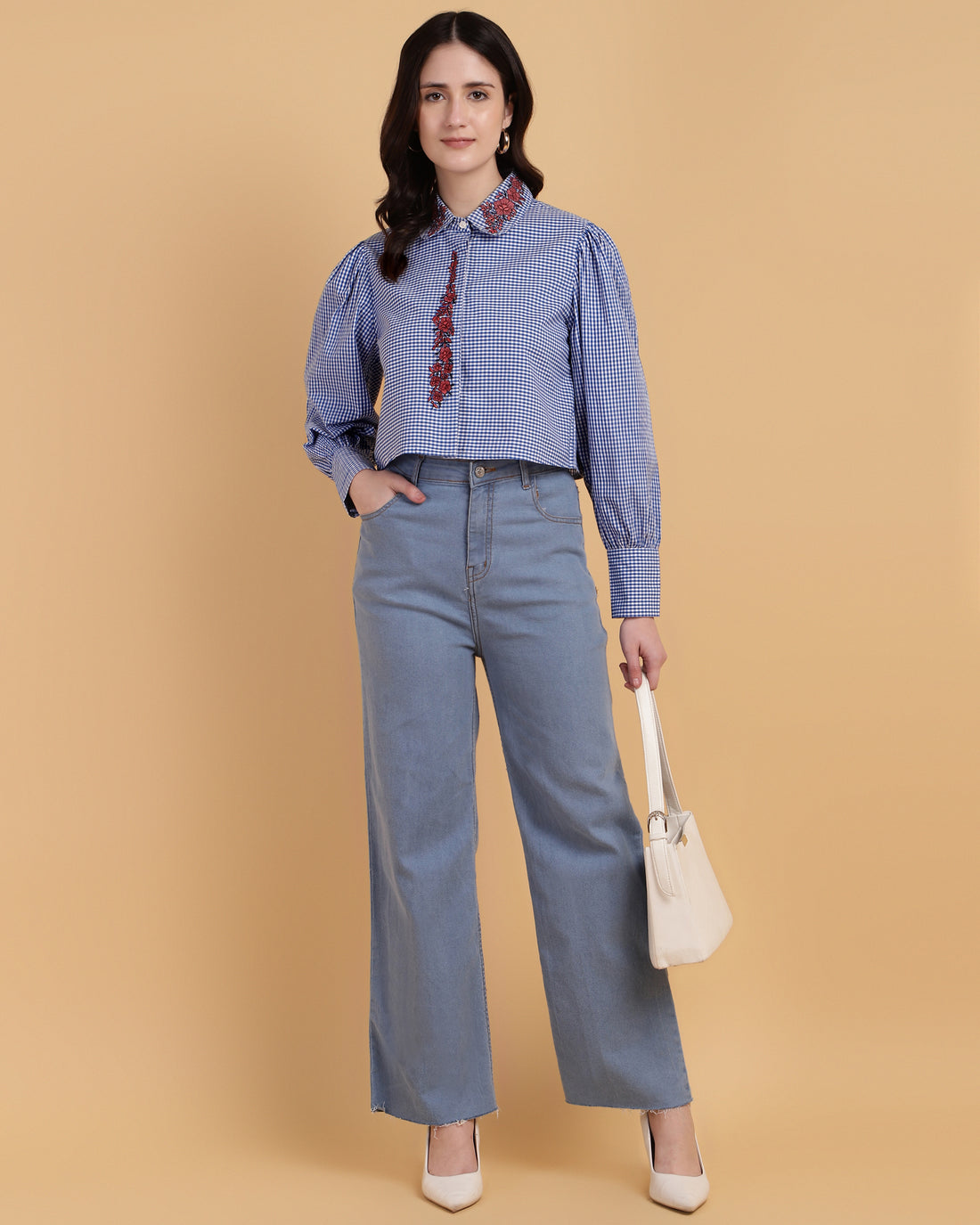 Blue Gingham Crop Shirt With Embroidery-2916