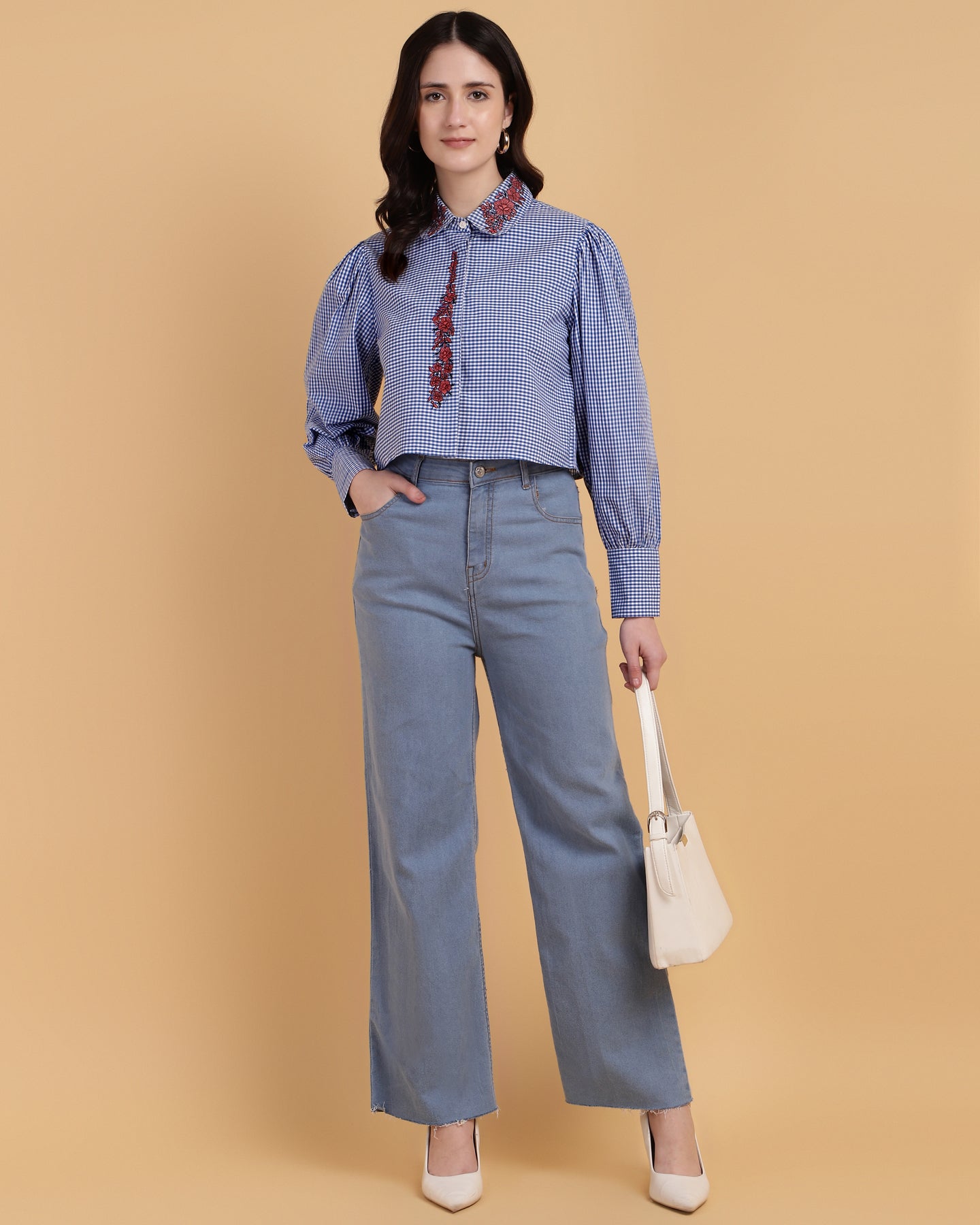 Blue Gingham Crop Shirt With Embroidery-2916