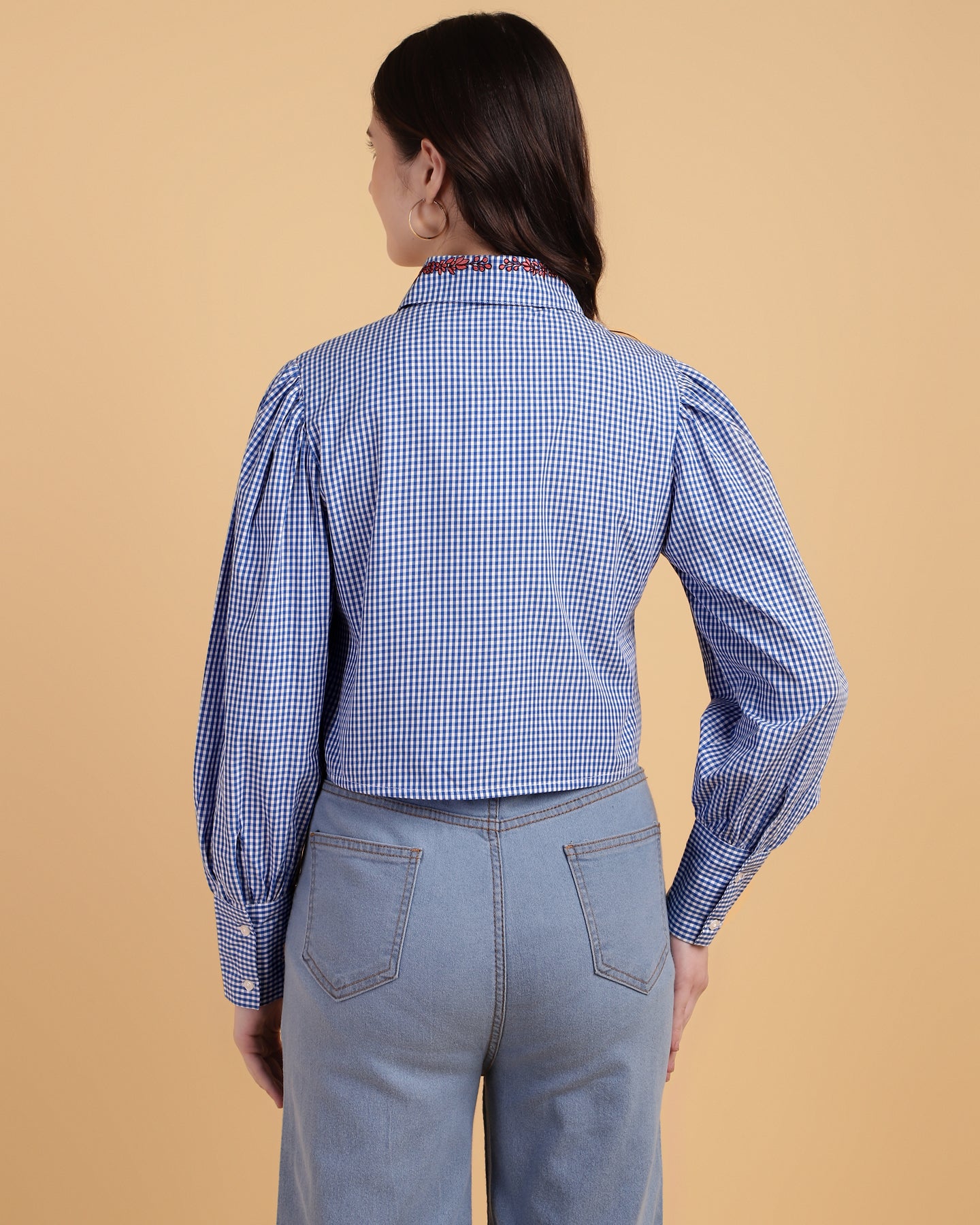 Blue Gingham Crop Shirt With Embroidery-2916