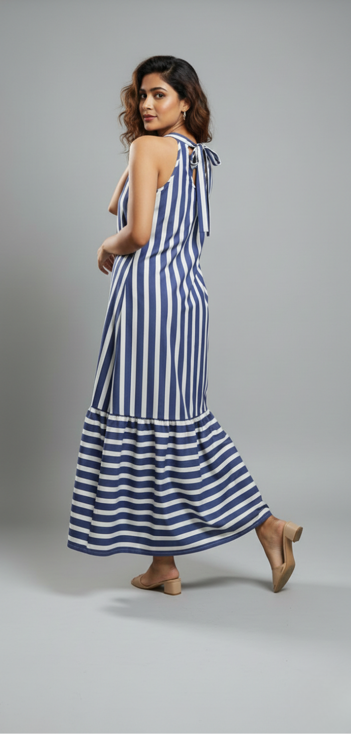 Women’s Blue Off-White Striped Halter Neck Flounce Hem Dress - 3090