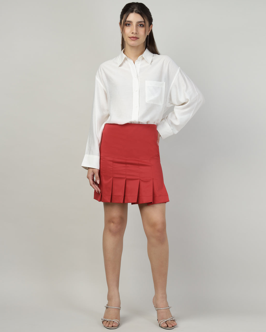 Women’s Red Plain Pleated Mini Skirt - 3036