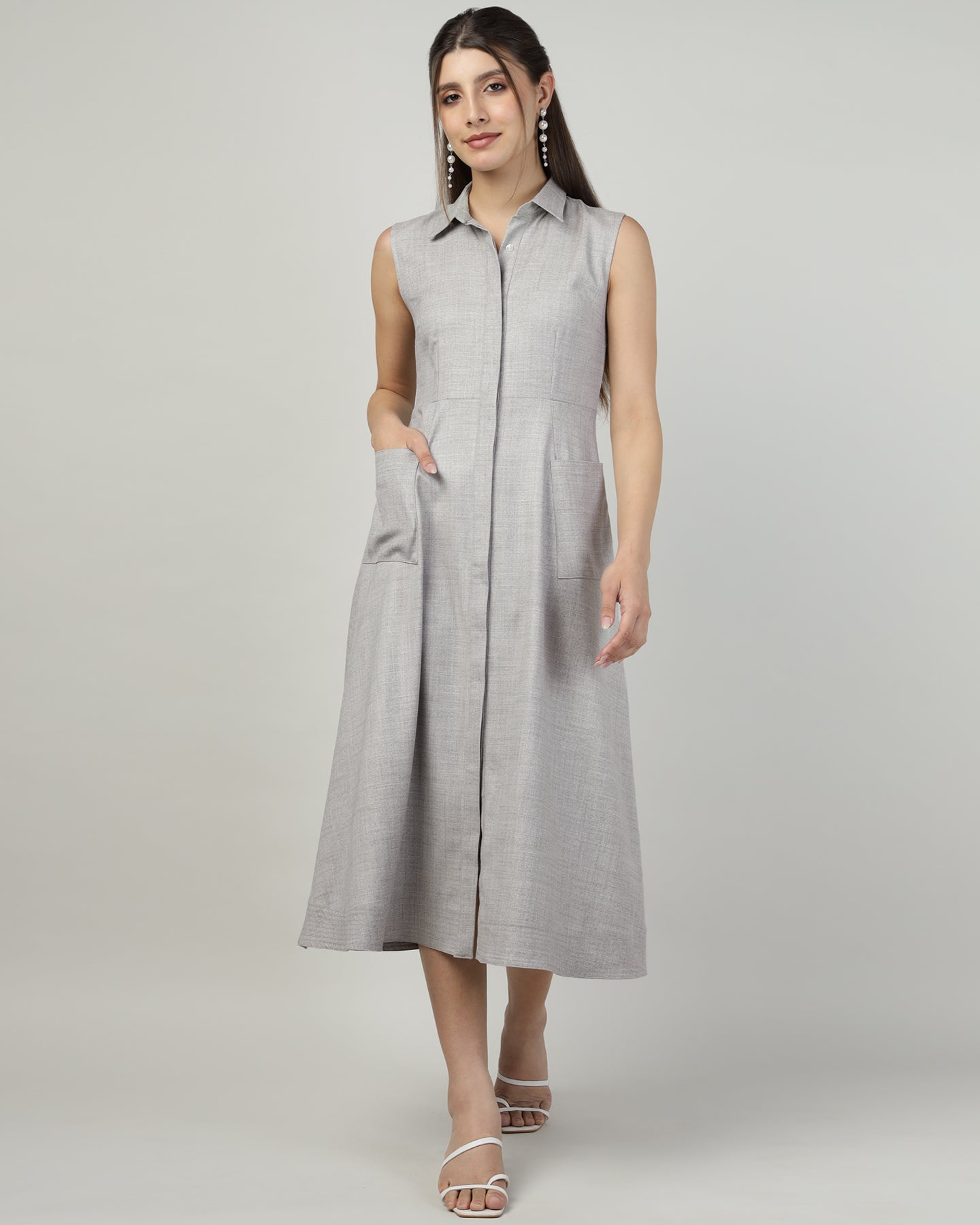 Women’s Grey Sleeveless Utility Shirt Long Dress -3031