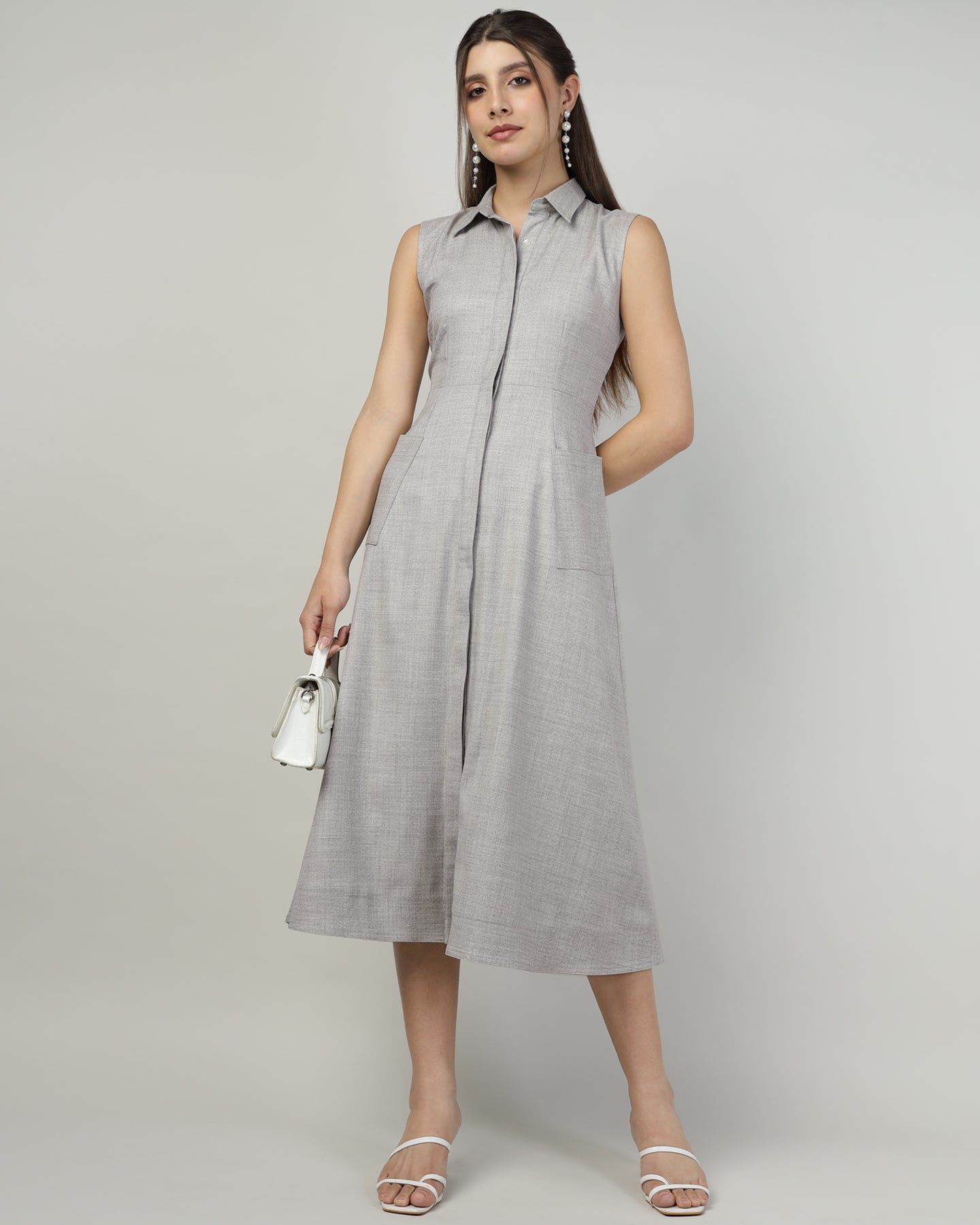 Women’s Grey Sleeveless Utility Shirt Long Dress -3031
