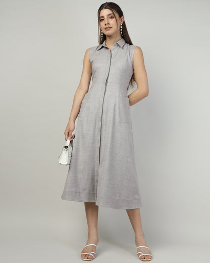 Women’s Grey Sleeveless Utility Shirt Long Dress -3031