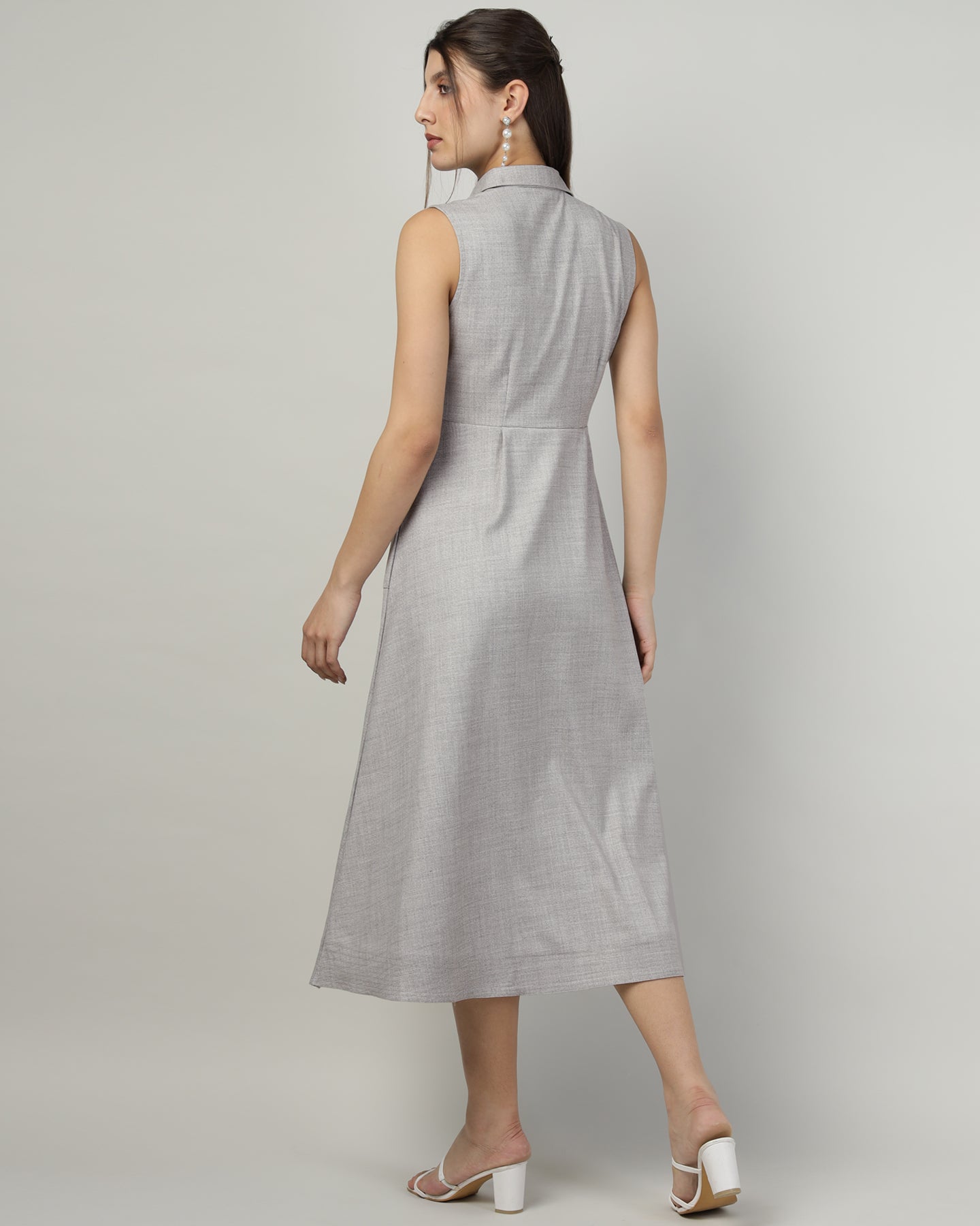 Women’s Grey Sleeveless Utility Shirt Long Dress -3031