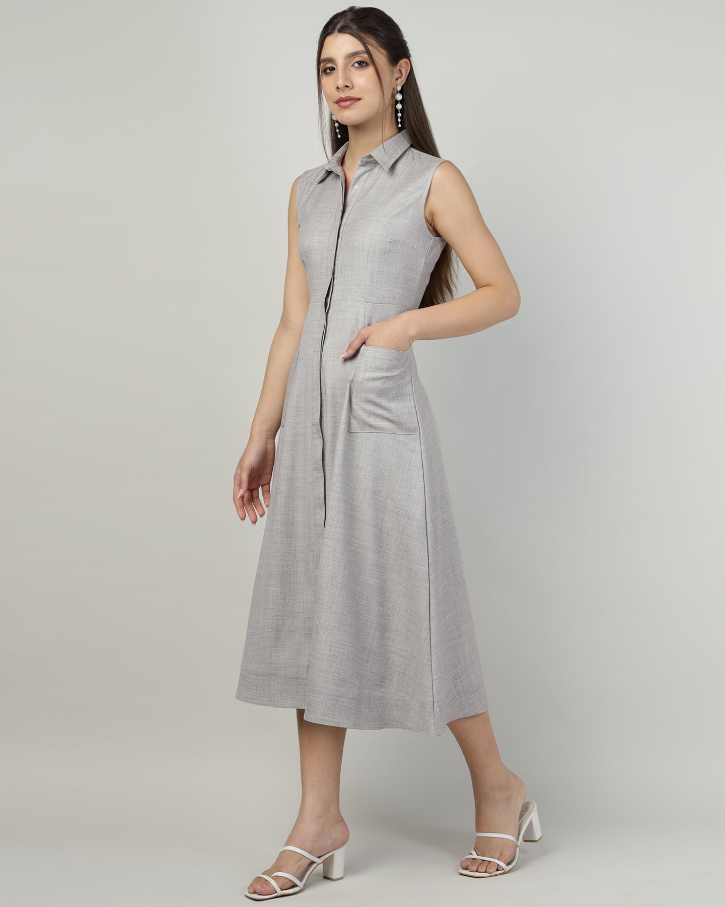 Women’s Grey Sleeveless Utility Shirt Long Dress -3031