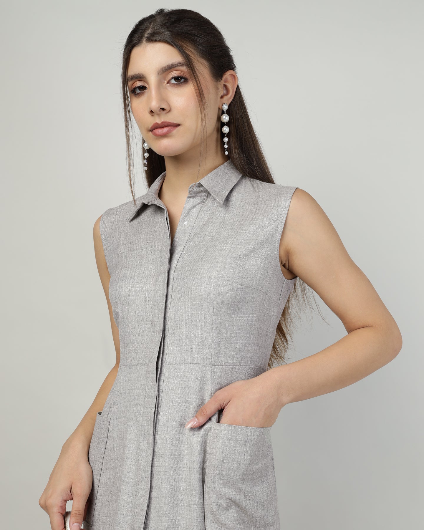 Women’s Grey Sleeveless Utility Shirt Long Dress -3031