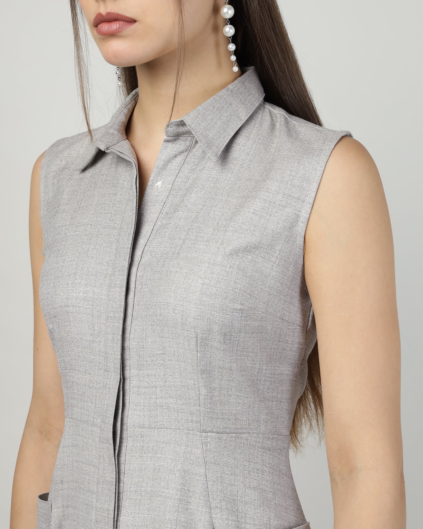 Women’s Grey Sleeveless Utility Shirt Long Dress -3031