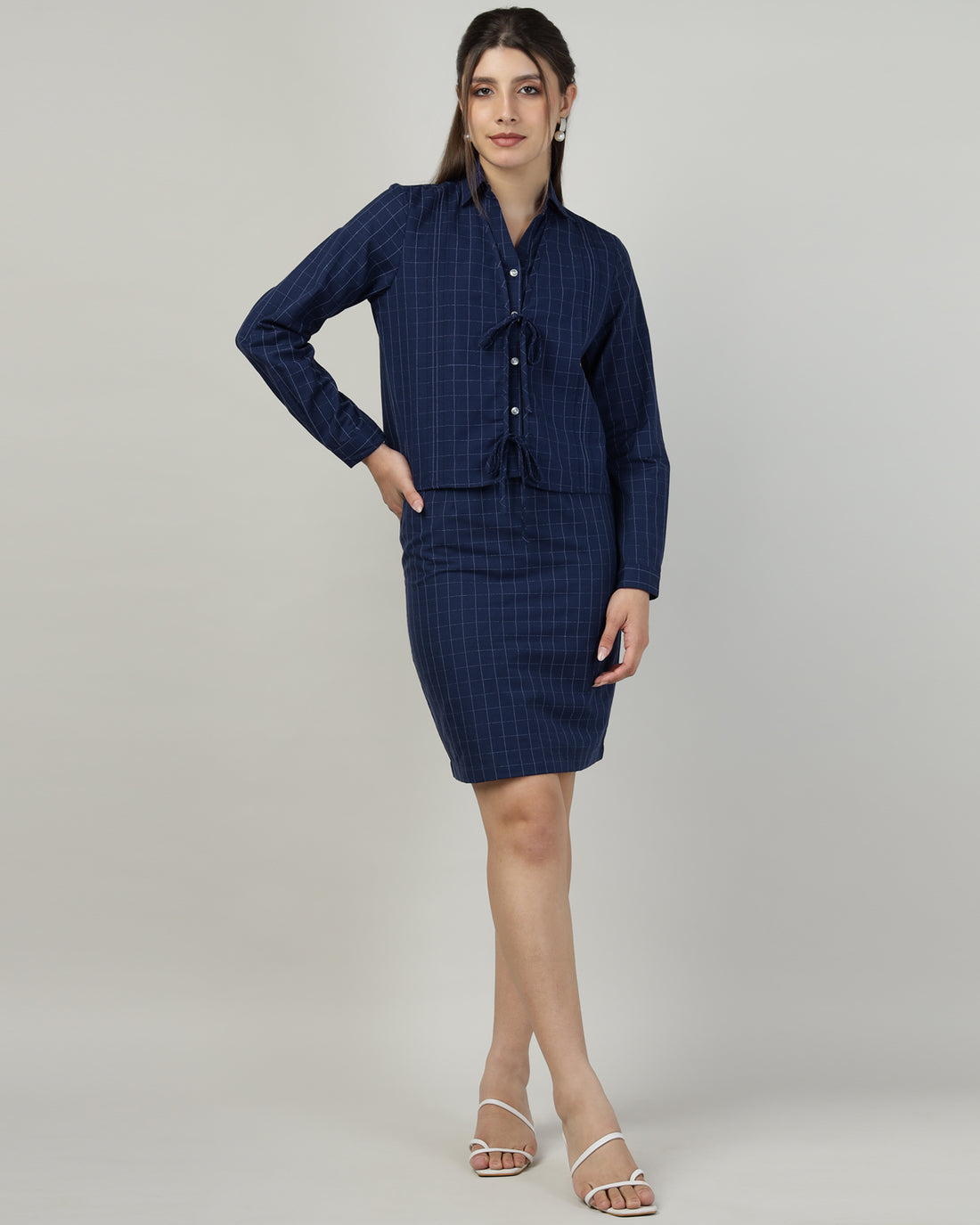 Women’s Navy Blue Checked Co-ord Set - 3037