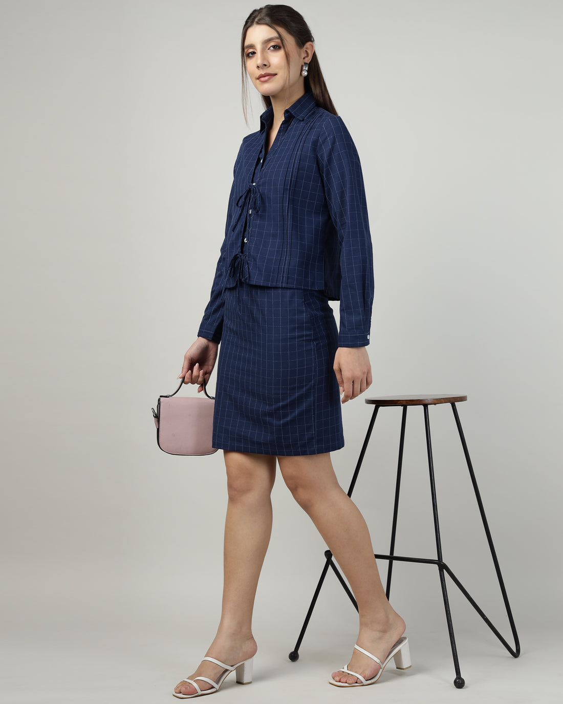 Women’s Navy Blue Checked Co-ord Set - 3037
