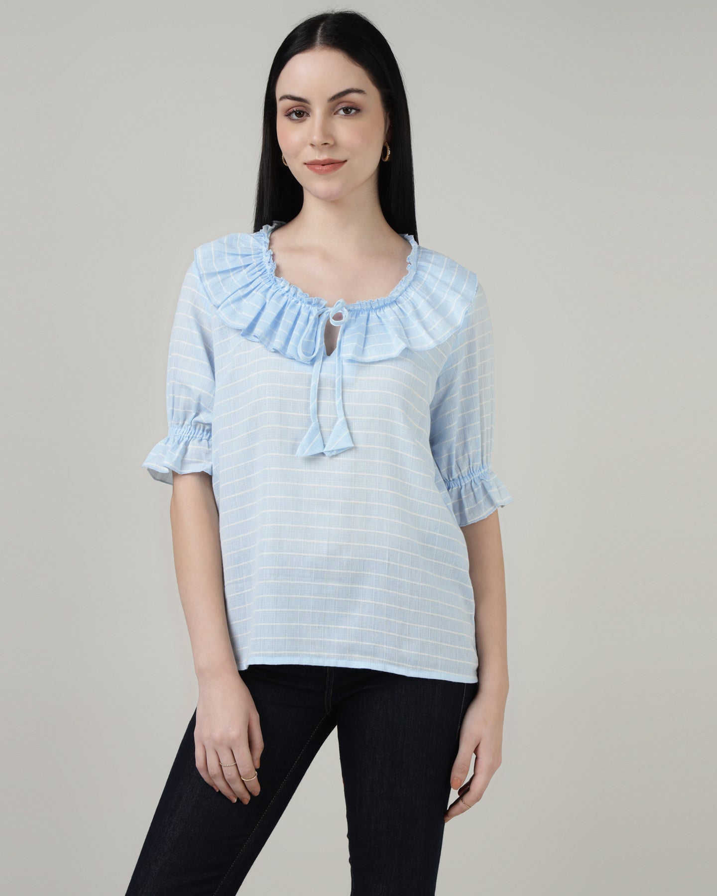 Ruffled Tie-Up Striped Blue Top-3001