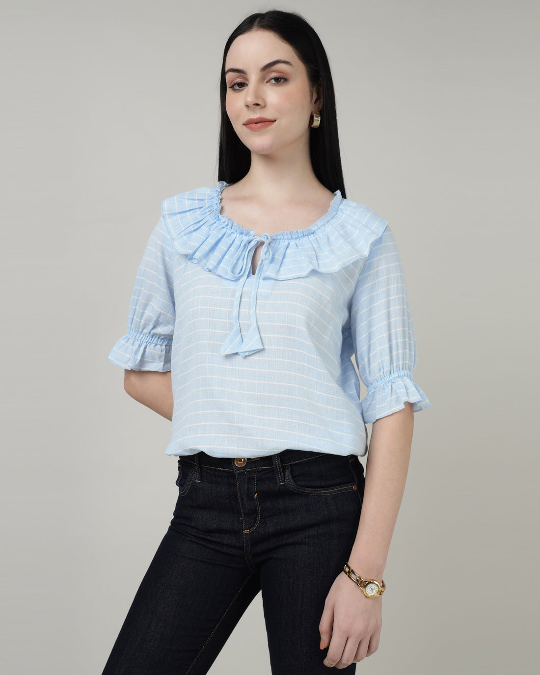 Ruffled Tie-Up Striped Blue Top-3001